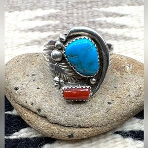 Signed Navajo Native American Sterling Silver Turquoise Coral Mens Ring 13